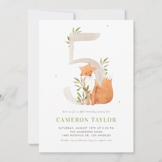 Leuke Waterverf Fox Woodland Vijfde Verjaardagsfee Kaart (Voorkant)