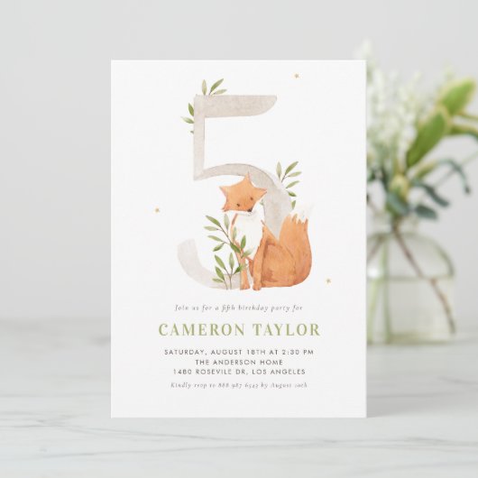 Leuke Waterverf Fox Woodland Vijfde Verjaardagsfee Kaart (Staand voorkant)