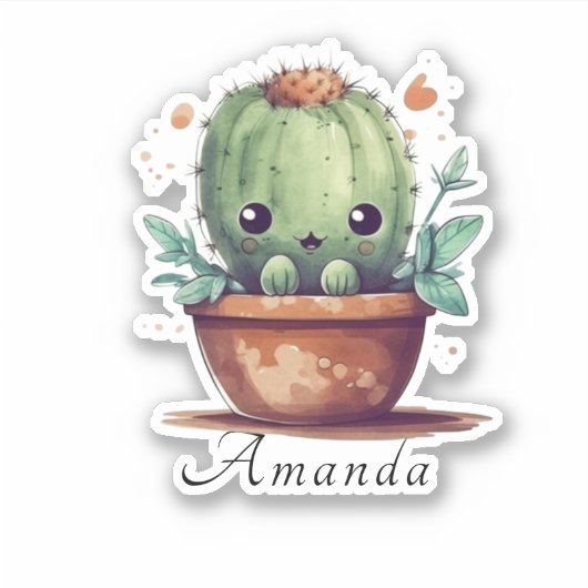 Leuke Waterverf Groene Cactus Naam Custom Cut Sticker (Voorkant)