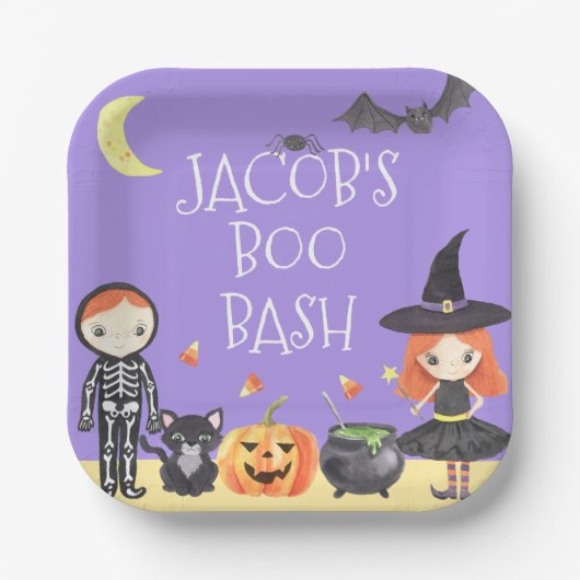 Leuke Waterverf Halloween Kostuum Kinder Papieren Bordje (Voorkant)