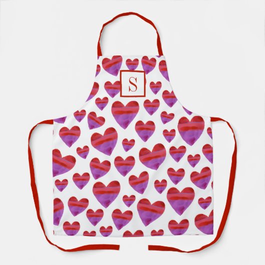Leuke Waterverf Hart Patroon Monogram Keuken Schort (Voorkant)