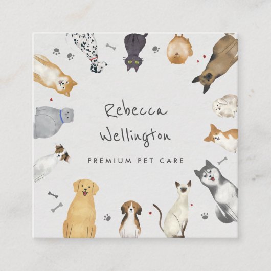 Leuke Waterverf Huisdieren Honden Katten Sitter Ho Vierkante Visitekaartje (Voorkant)