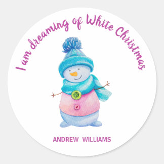 Leuke Waterverf Kerstmis Sneeuwman Aangepaste Naam Ronde Sticker