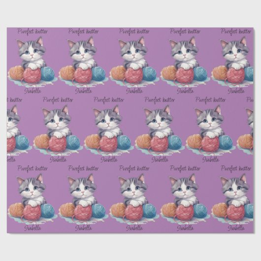 Leuke waterverf kitten met garens aangepaste naam cadeaupapier (Vlak)