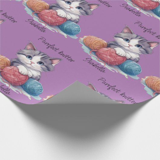 Leuke waterverf kitten met garens aangepaste naam cadeaupapier (Hoek)