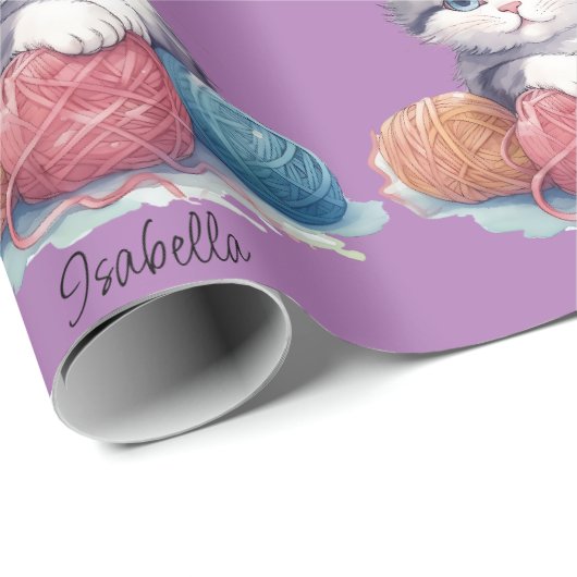 Leuke waterverf kitten met garens aangepaste naam cadeaupapier (Rol Hoek)