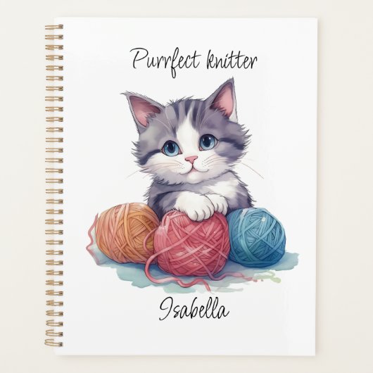 Leuke waterverf kitten met garens aangepaste naam planner (Voorkant)