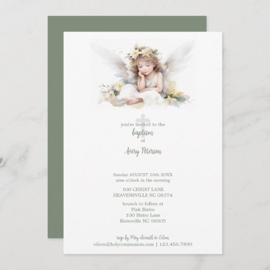 Leuke Waterverf Kleine Meisje Engel Cross Doop Kaart (Voorkant / Achterkant)
