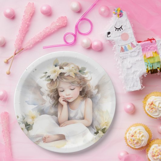 Leuke Waterverf Kleine Meisje Engel Religious Papieren Bordje (Feest)