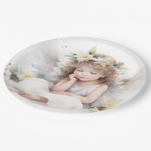 Leuke Waterverf Kleine Meisje Engel Religious Papieren Bordje (Gekanteld)