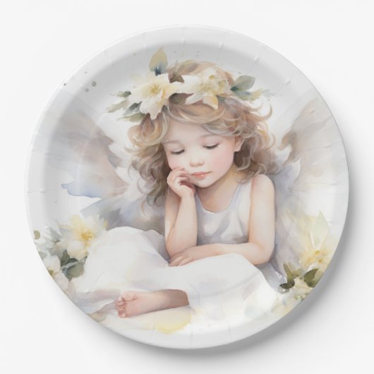 Leuke Waterverf Kleine Meisje Engel Religious Papieren Bordje (Voorkant)