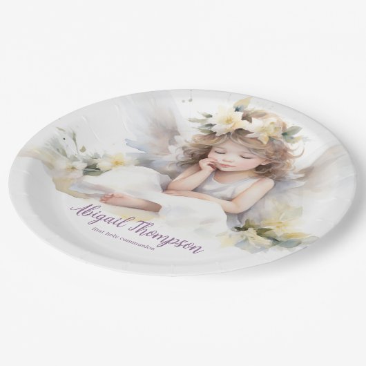 Leuke Waterverf Kleine Meisje Engel Religious Papieren Bordje (Gekanteld)