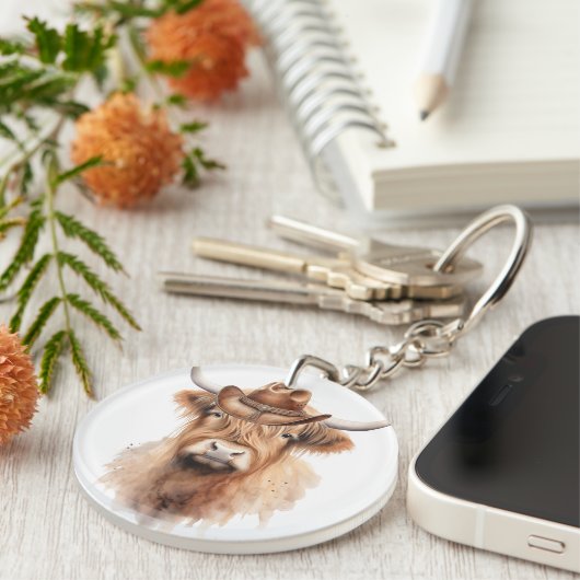 Leuke waterverf koe met een pet sleutelhanger (Voorkant Rechts)