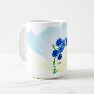 Leuke waterverf korenbloemen op blauwe en gele rug koffiemok
