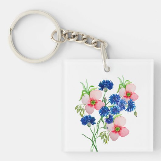 Leuke waterverf korenbloemen sleutelhanger (voorkant)