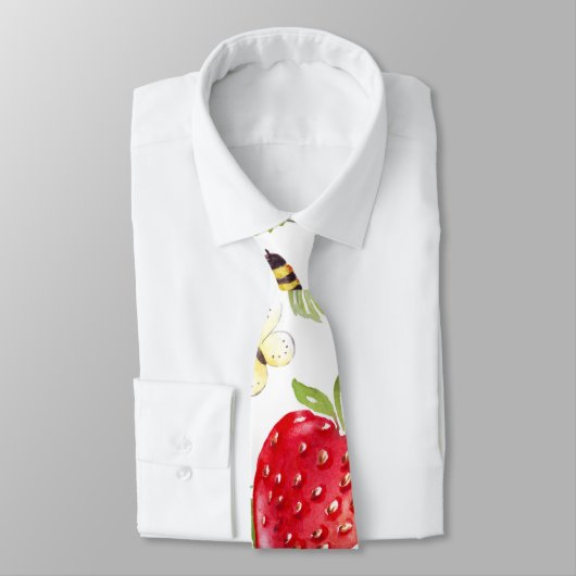 Leuke Waterverf Kunst Aardbei en Bijenpatroon Stropdas (Gebonden)