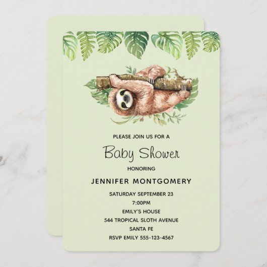 Leuke Waterverf luiaard & tropische bladeren douch Kaart (Voorkant / Achterkant)