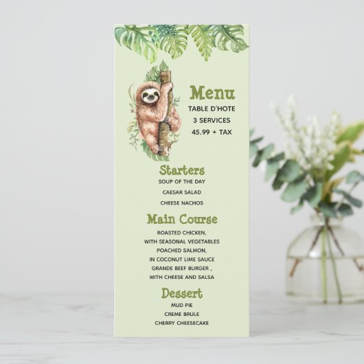 Leuke Waterverf luiaard & tropische bladeren Menu Kaart (Staand voorkant)