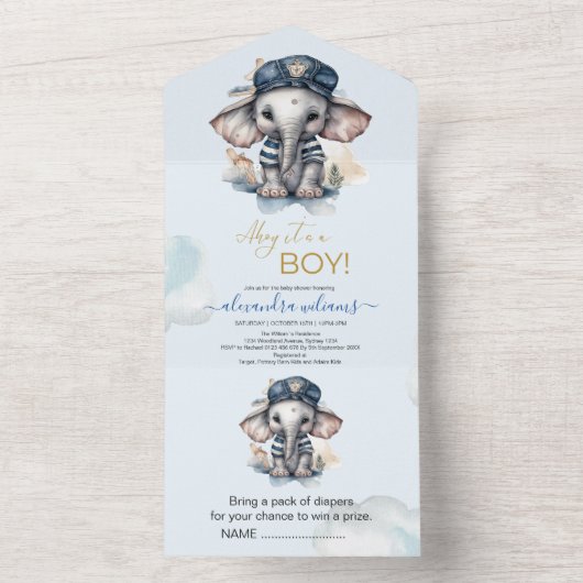 Leuke Waterverf Olifant nautische thema baby showe All In One Uitnodiging (Binnen)