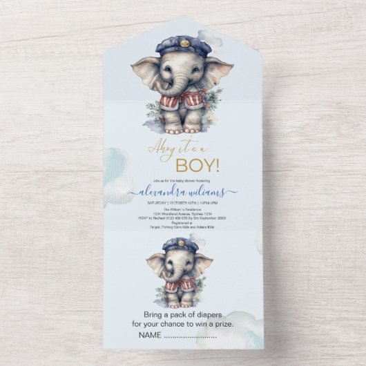 Leuke Waterverf Olifant nautische thema baby showe All In One Uitnodiging (Binnen)