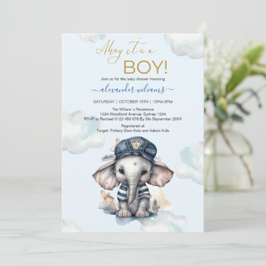 Leuke Waterverf Olifant nautische thema baby showe Kaart (Staand voorkant)