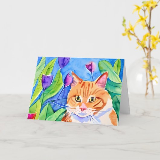 Leuke Waterverf Oranje kat | Aan jou denken Kaart (Gele Bloem)
