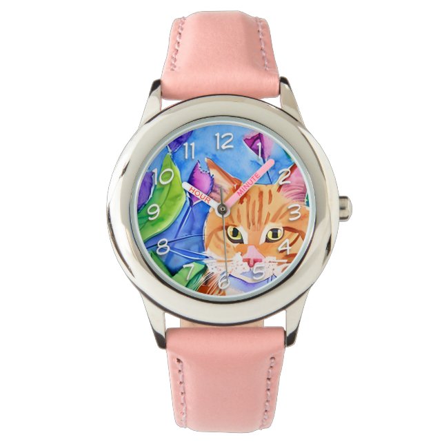 Leuke Waterverf Oranje kat Horloge (Voorkant)