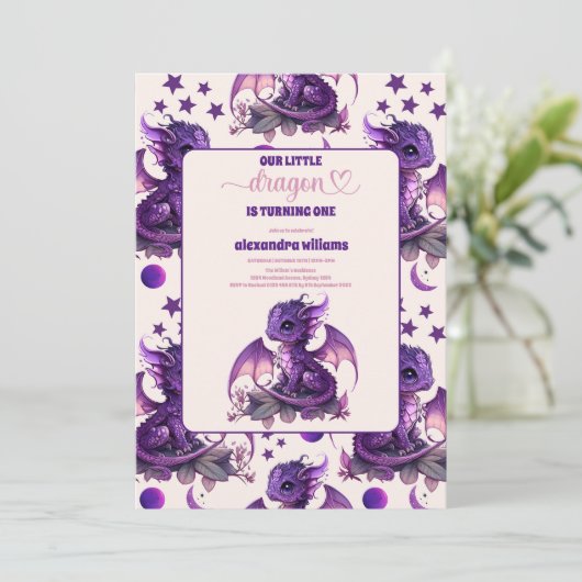 Leuke Waterverf Paarse Draak 1e Verjaardag Kaart (Staand voorkant)