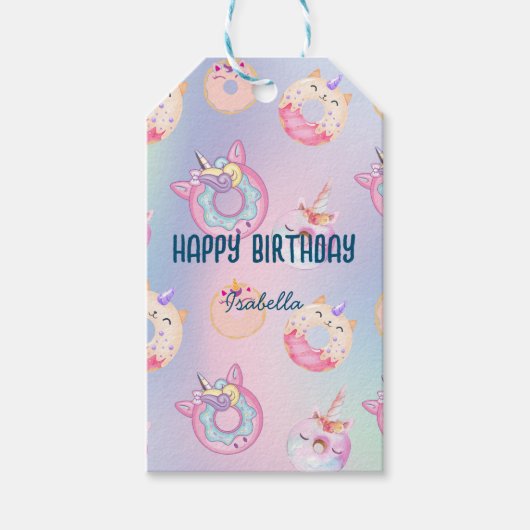 Leuke Waterverf pastel eenhoorns regenboog donut f Cadeaulabel (Voorkant)