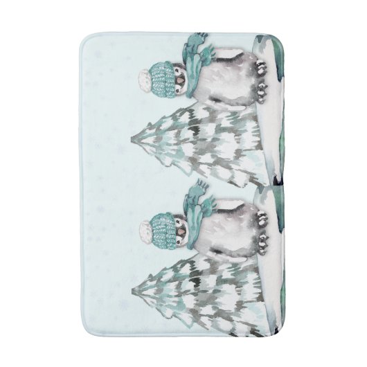 Leuke Waterverf Pinguïn Pijnbomen Kerstmis Badmat (Voorkant Verticaal)