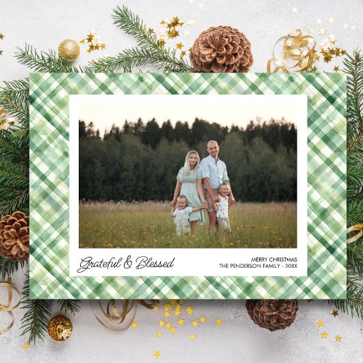 Leuke Waterverf Plaid Check Kerstfoto's Aangepast Feestdagenkaart