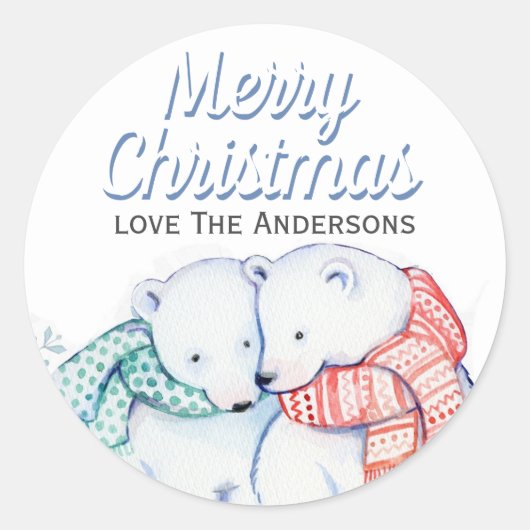 Leuke Waterverf Polar Beren Vrolijk Kerstfeest Ronde Sticker (Voorkant)