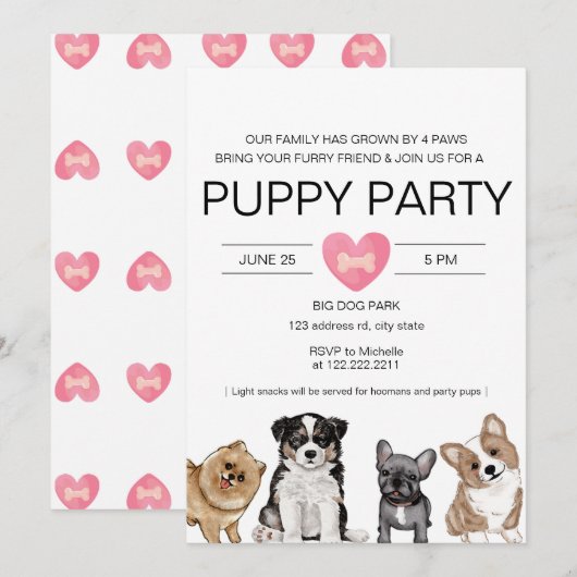 Leuke Waterverf Puppy Party/Shower Kaart (Voorkant / Achterkant)