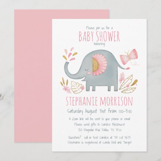 Leuke Waterverf Roze Olifant Meisje Baby shower Kaart (Voorkant / Achterkant)