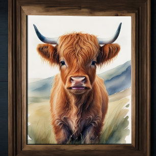 Leuke Waterverf Schilderen van een Highland Koe 5: Poster