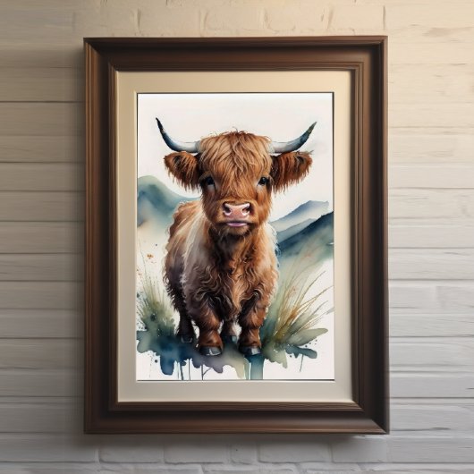 Leuke Waterverf Schilderen van een Highland Koe 5: Poster