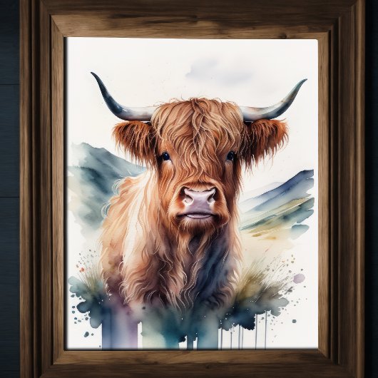 Leuke Waterverf Schilderen van een Highland Koe 5: Poster