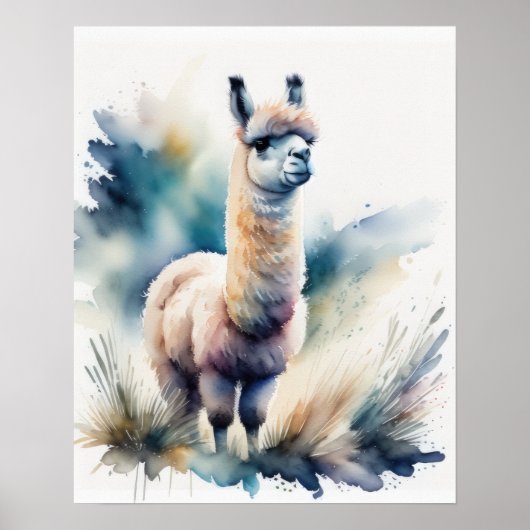Leuke Waterverf Schilderen van een Llama 5:4 Poster (Voorkant)