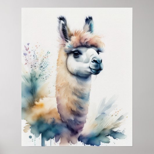 Leuke Waterverf Schilderen van een Llama 5:4 Poster (Voorkant)