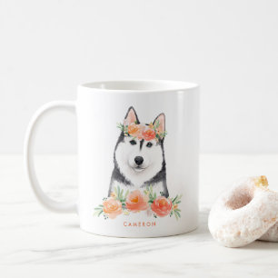 Leuke Waterverf Siberische Husky Perzik Bloemen Koffiemok