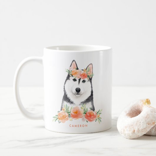 Leuke Waterverf Siberische Husky Perzik Bloemen Koffiemok (Met donut)