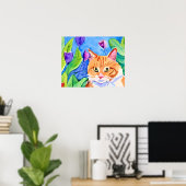 Leuke Waterverf Sinaasappel Kat en  Bloemen Poster (Thuiskantoor)