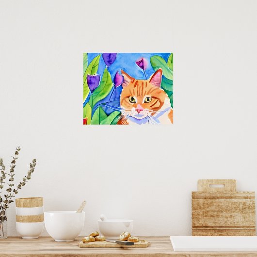 Leuke Waterverf Sinaasappel Kat en  Bloemen Poster (Keuken)