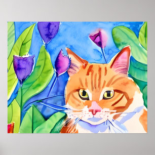 Leuke Waterverf Sinaasappel Kat en Bloemen Poster