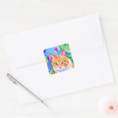Leuke Waterverf Sinaasappel Kat en  Bloemen Vierkante Sticker (Envelop)
