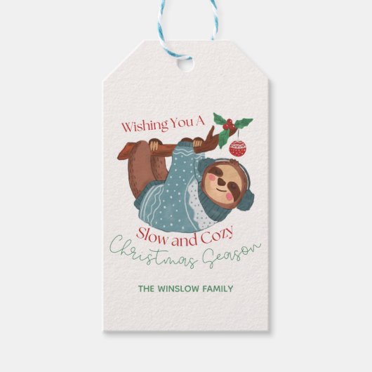 Leuke Waterverf Sloth Slow & Cosy Christmas Season Cadeaulabel (Voorkant)