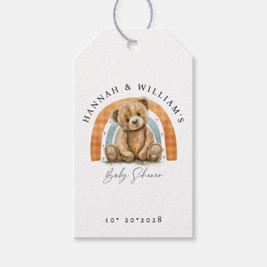 Leuke Waterverf teddybeer en regenboog Baby shower Cadeaulabel (Voorkant)