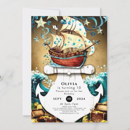 Leuke Waterverf Treasure Pirate Verjaardag Kaart (Voorkant)