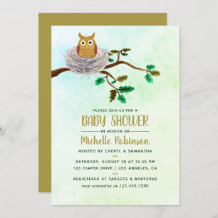 Leuke Waterverf Uil Baby shower Party Invitation Kaart