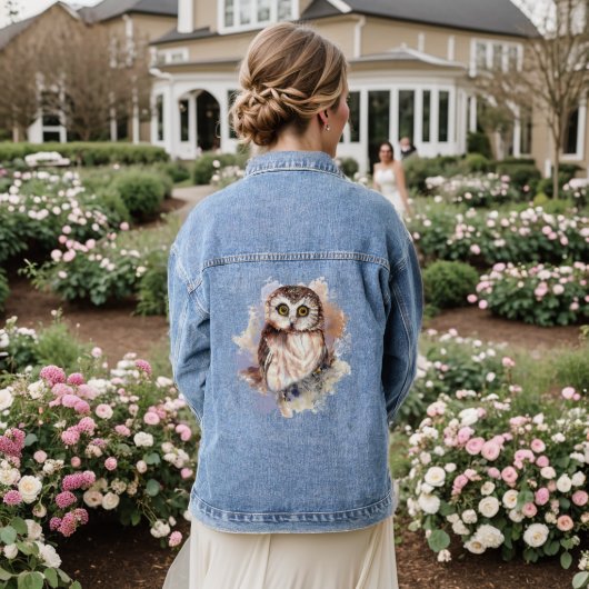Leuke Waterverf Uil Vogel Wildlife Art Denim Jacket (Huwelijk Achterkant)